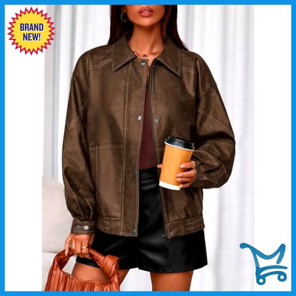 Faux Leather Jacket Oversized Moto Biker Retro Chic Winter Coat Women - Picture 5 of 7